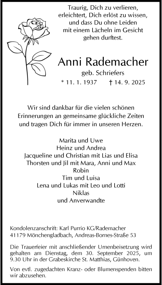 Traueranzeige von Anni Rademacher von trauer.panorama-anzeigenblatt.de