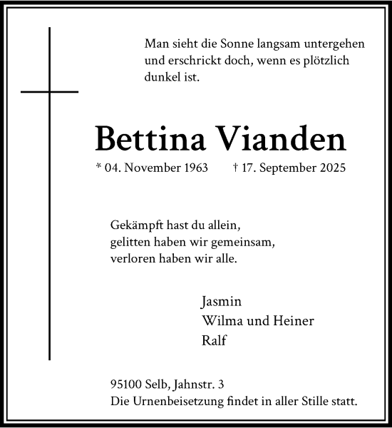 Traueranzeige von Bettina Vianden von trauer.panorama-anzeigenblatt.de