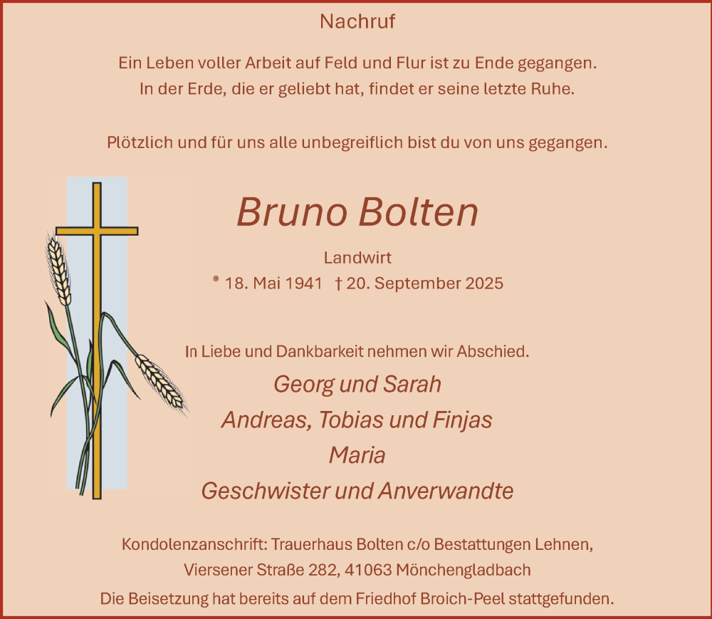  Traueranzeige für Bruno Bolten vom 28.09.2025 aus trauer.panorama-anzeigenblatt.de