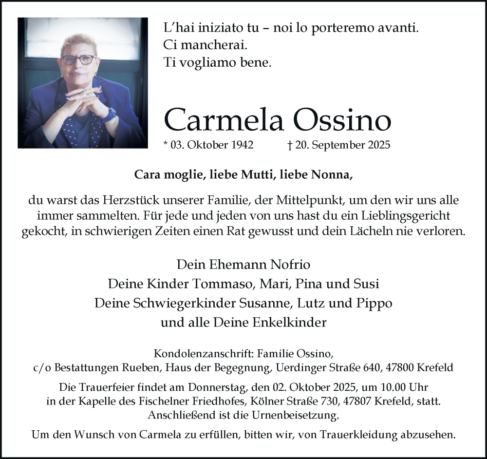  Traueranzeige für Carmela Ossino vom 28.09.2025 aus trauer.panorama-anzeigenblatt.de