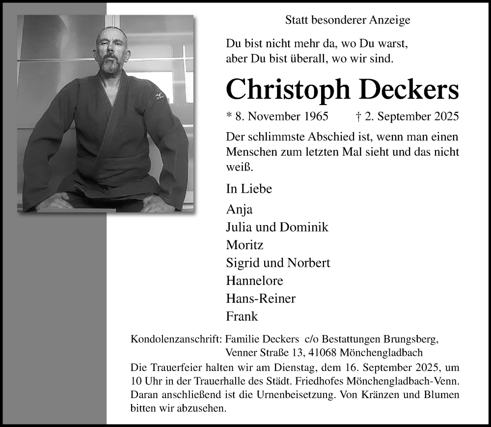  Traueranzeige für Christoph Deckers vom 14.09.2025 aus trauer.panorama-anzeigenblatt.de