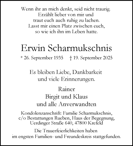 Traueranzeige von Erwin Scharmukschnis von trauer.panorama-anzeigenblatt.de