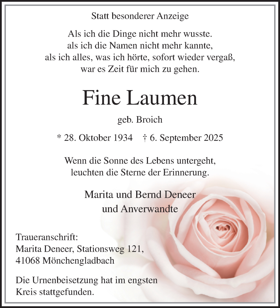  Traueranzeige für Fine Laumen vom 28.09.2025 aus trauer.panorama-anzeigenblatt.de