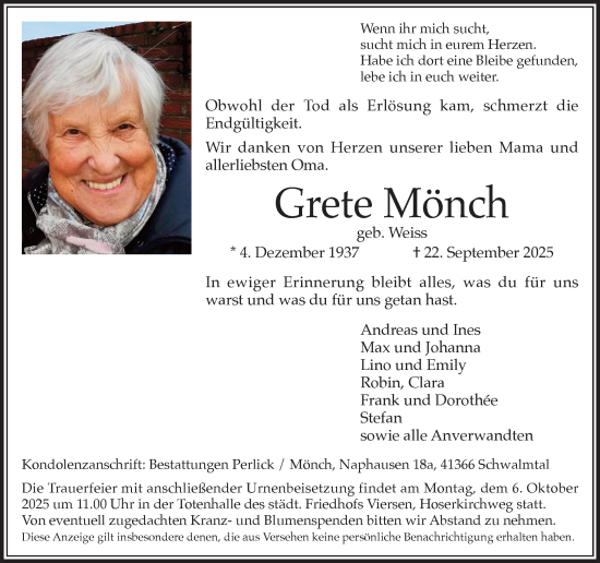 Traueranzeige von Grete Mönch von trauer.panorama-anzeigenblatt.de