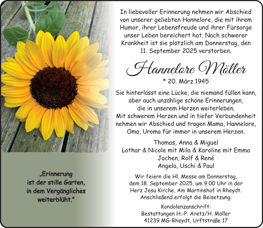  Traueranzeige für Hannelore Möller vom 14.09.2025 aus trauer.panorama-anzeigenblatt.de