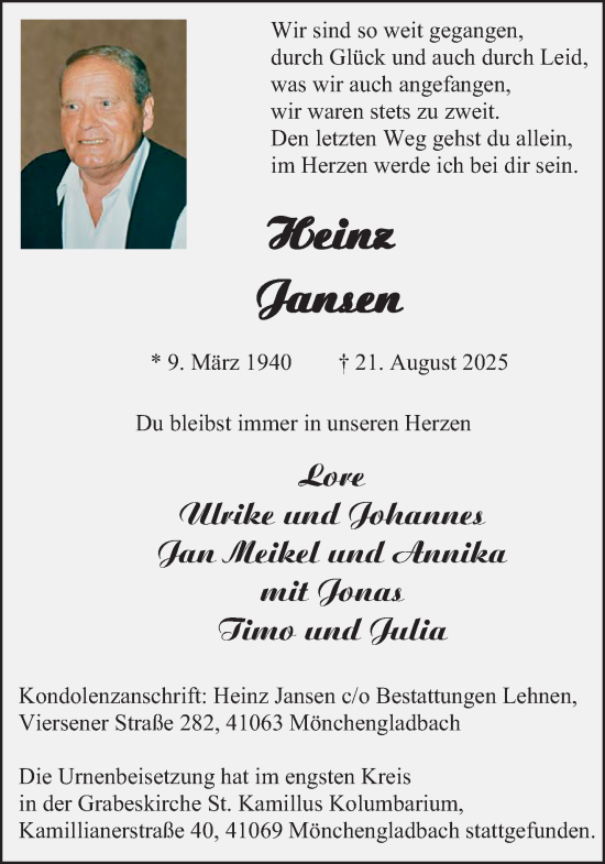 Traueranzeige von Heinz Jansen von Rheinisch-Bergische Anzeigenblatt