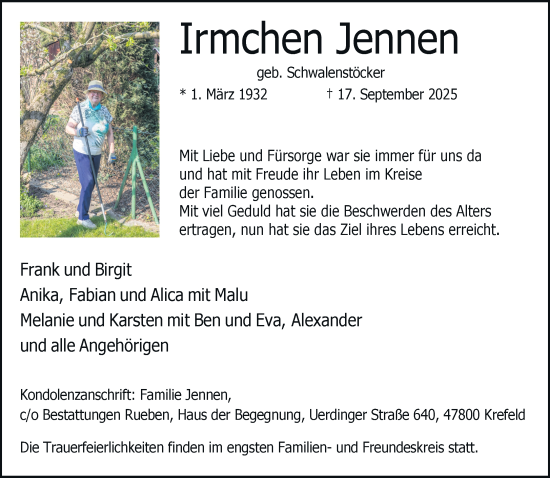 Traueranzeige von Irmchen Jennen von trauer.panorama-anzeigenblatt.de