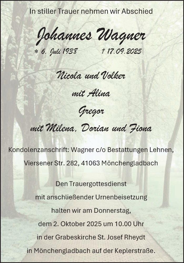  Traueranzeige für Johannes Wagner vom 28.09.2025 aus trauer.panorama-anzeigenblatt.de