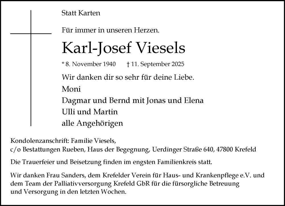  Traueranzeige für Karl-Josef Viesels vom 21.09.2025 aus trauer.panorama-anzeigenblatt.de