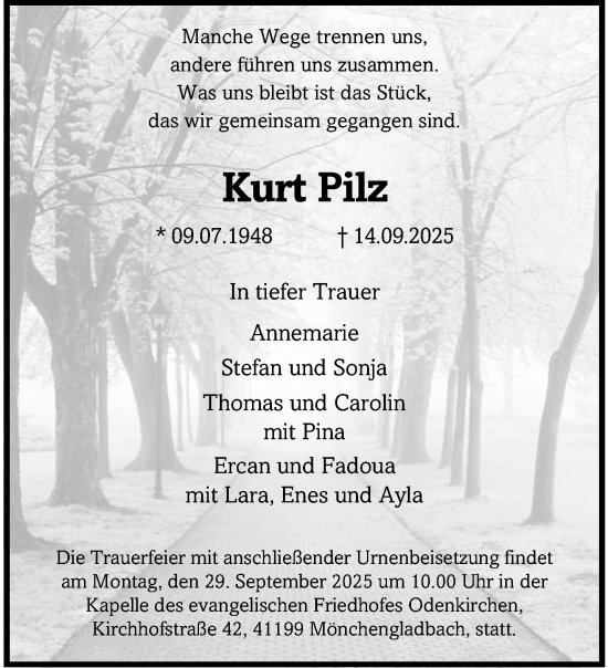 Traueranzeige von Kurt Pilz von trauer.panorama-anzeigenblatt.de