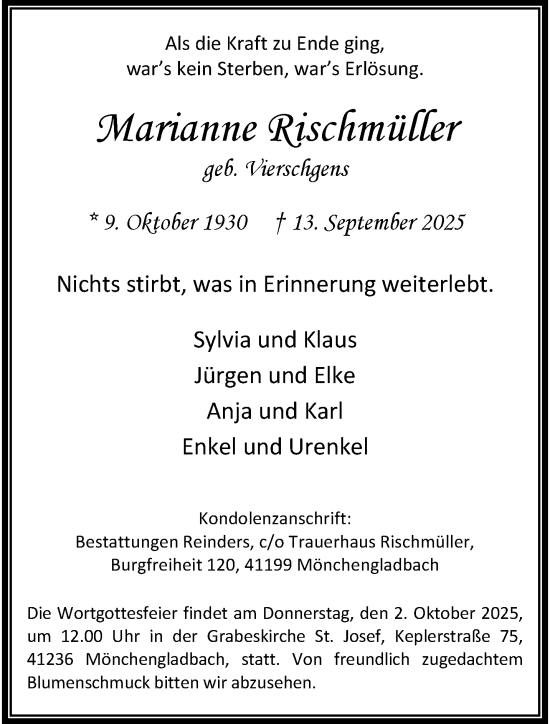 Traueranzeige von Marianne Rischmüller von trauer.panorama-anzeigenblatt.de