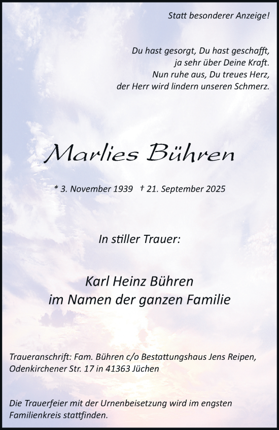 Traueranzeige von Marlies Bühren von trauer.stadt-kurier.de