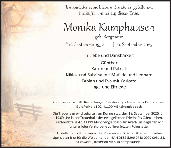 Traueranzeige von Monika Kamphausen von trauer.panorama-anzeigenblatt.de