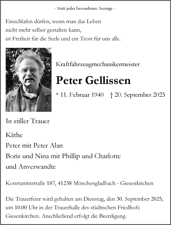 Traueranzeige von Peter Gellissen von trauer.panorama-anzeigenblatt.de
