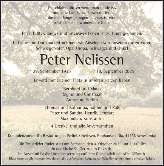Traueranzeige von Peter Nelissen von trauer.panorama-anzeigenblatt.de