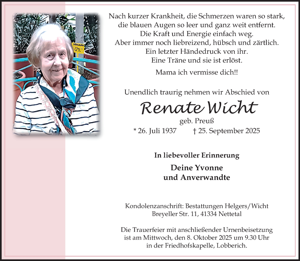  Traueranzeige für Renate Wicht vom 28.09.2025 aus trauer.panorama-anzeigenblatt.de