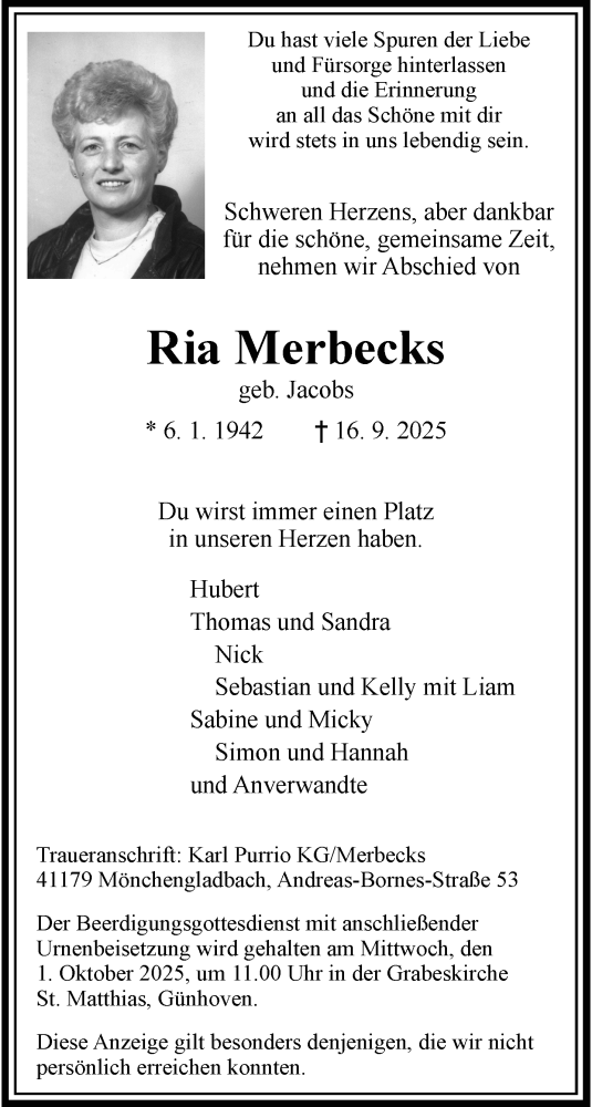 Traueranzeige von Ria Merbecks von trauer.panorama-anzeigenblatt.de