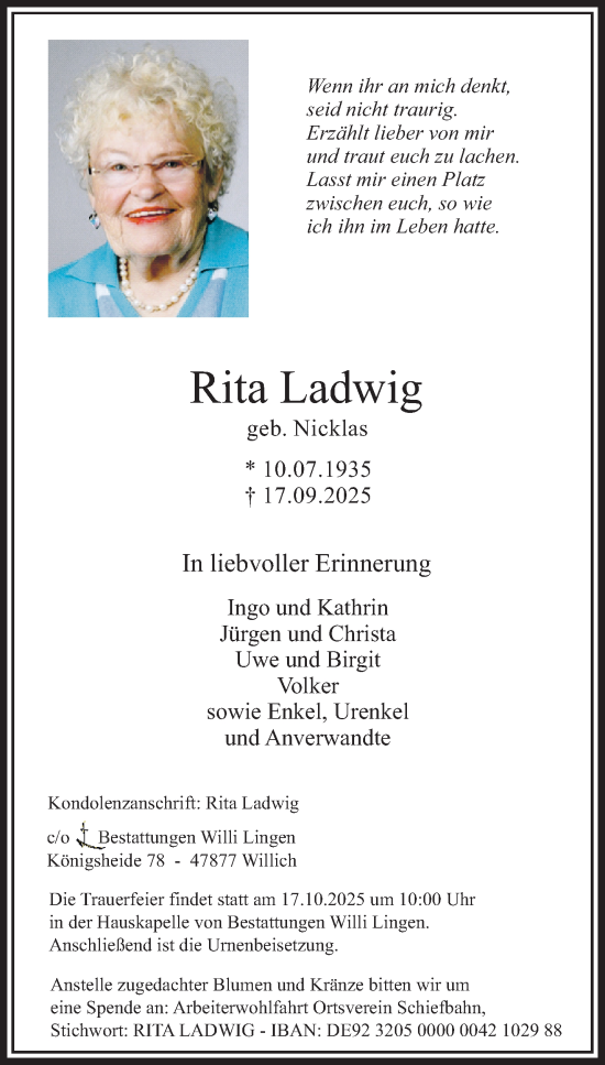 Traueranzeige von Rita Ladwig von trauer.panorama-anzeigenblatt.de