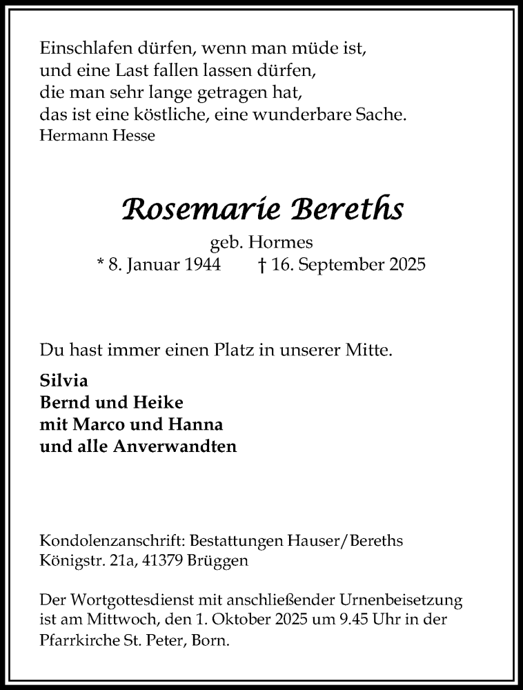 Traueranzeige für Rosemarie Bereths vom 21.09.2025 aus trauer.panorama-anzeigenblatt.de