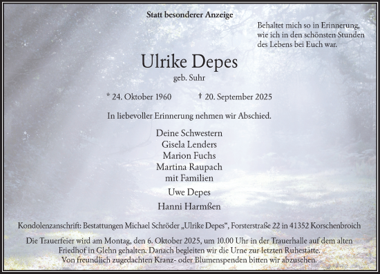 Traueranzeige von Ulrike Depes von trauer.panorama-anzeigenblatt.de