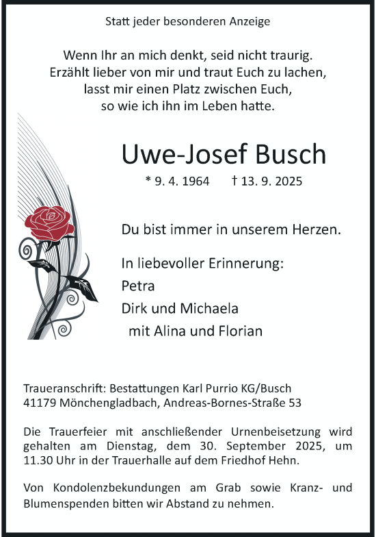 Traueranzeige von Uwe-Josef Busch von trauer.panorama-anzeigenblatt.de
