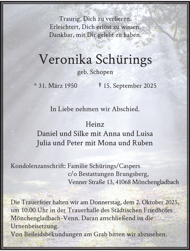  Traueranzeige für Veronika Schürings vom 28.09.2025 aus trauer.panorama-anzeigenblatt.de