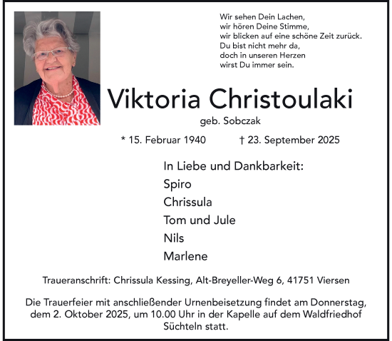 Traueranzeige von Viktoria Christoulaki von trauer.panorama-anzeigenblatt.de