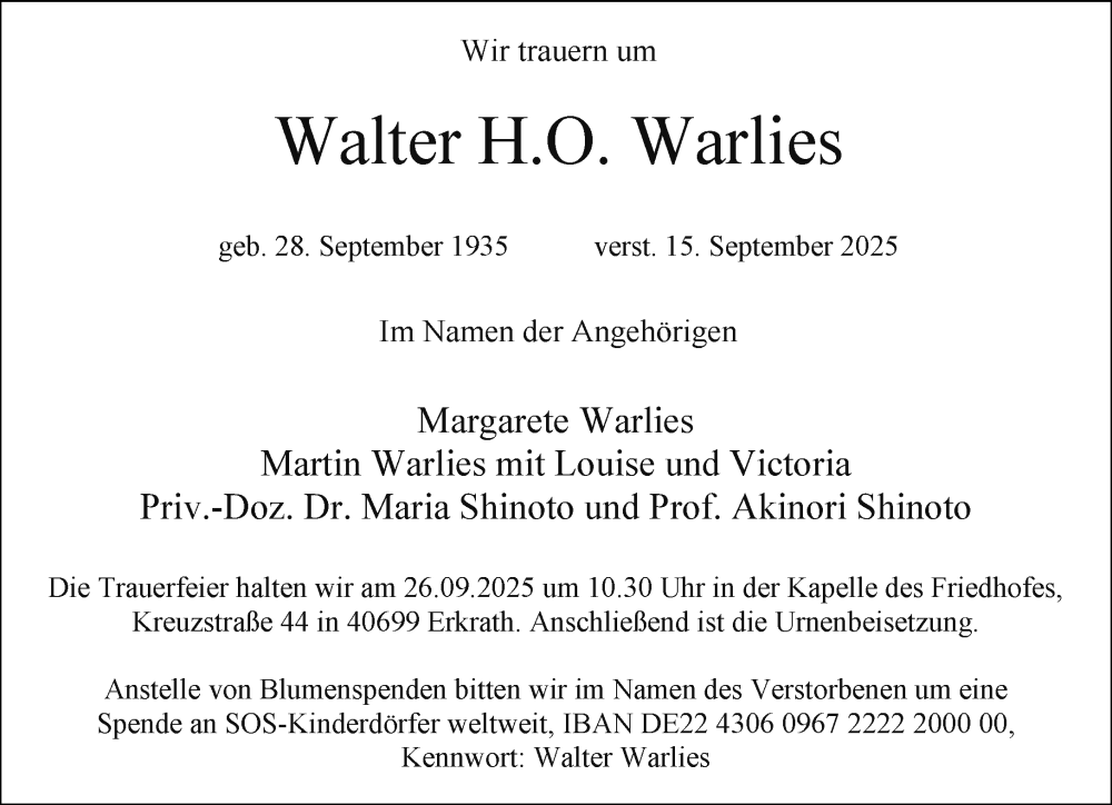  Traueranzeige für Walter H.O. Warlies vom 19.09.2025 aus trauer.panorama-anzeigenblatt.de