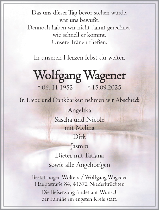 Traueranzeige von Wolfgang Wagener von trauer.panorama-anzeigenblatt.de