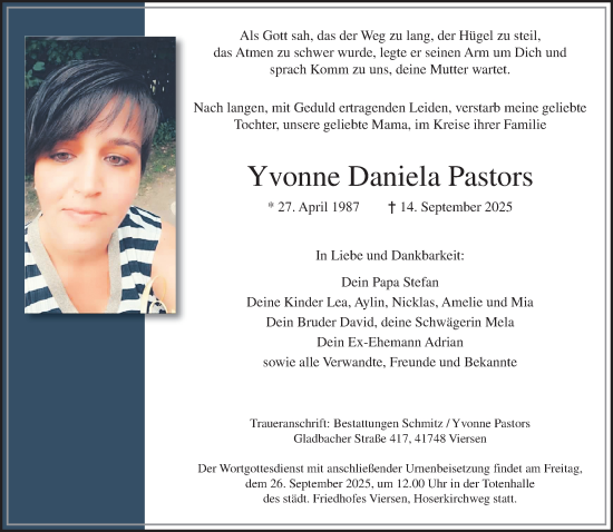 Traueranzeige von Yvonne Daniela Pastors von trauer.panorama-anzeigenblatt.de