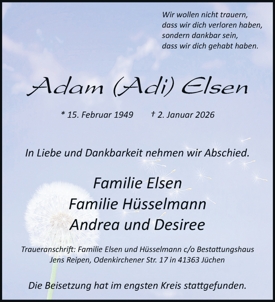  Traueranzeige für Adam Elsen vom 24.01.2026 aus trauer.stadt-kurier.de