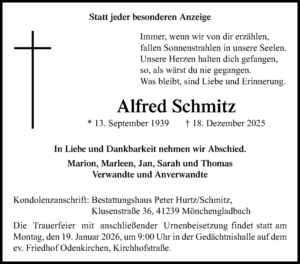  Traueranzeige für Alfred Schmitz vom 11.01.2026 aus trauer.panorama-anzeigenblatt.de