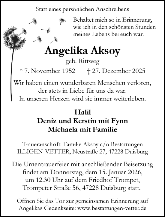 Traueranzeige von Angelika Aksoy von trauer.panorama-anzeigenblatt.de