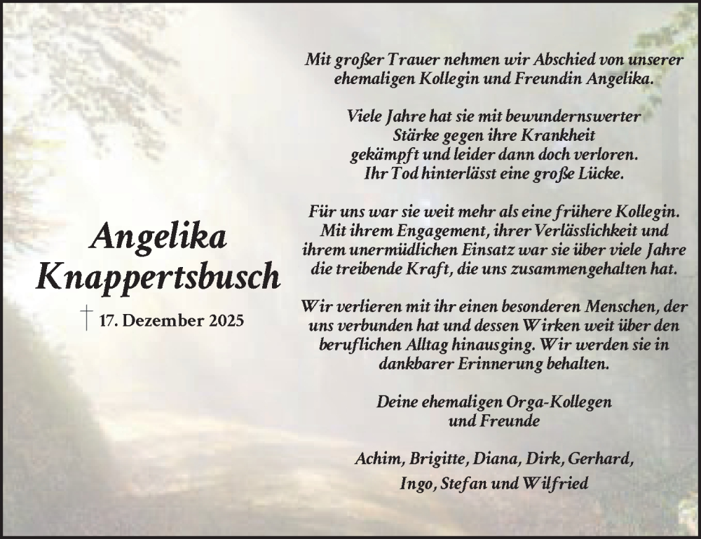  Traueranzeige für Angelika Knappertsbusch vom 10.01.2026 aus trauer.wuppertaler-rundschau.de