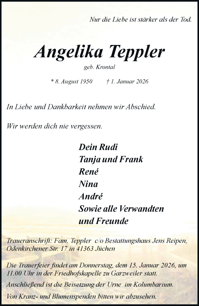  Traueranzeige für Angelika Teppler vom 10.01.2026 aus trauer.stadt-kurier.de