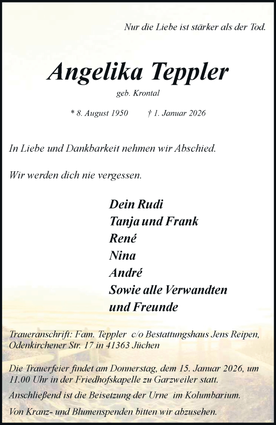 Traueranzeige von Angelika Teppler von trauer.stadt-kurier.de