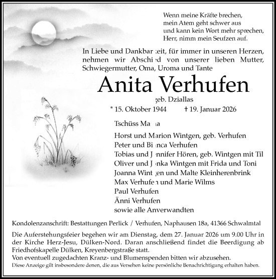 Traueranzeige von Anita Verhufen von trauer.panorama-anzeigenblatt.de