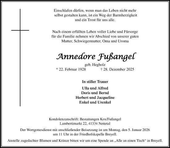 Traueranzeige von Annedore Fußangel von trauer.panorama-anzeigenblatt.de