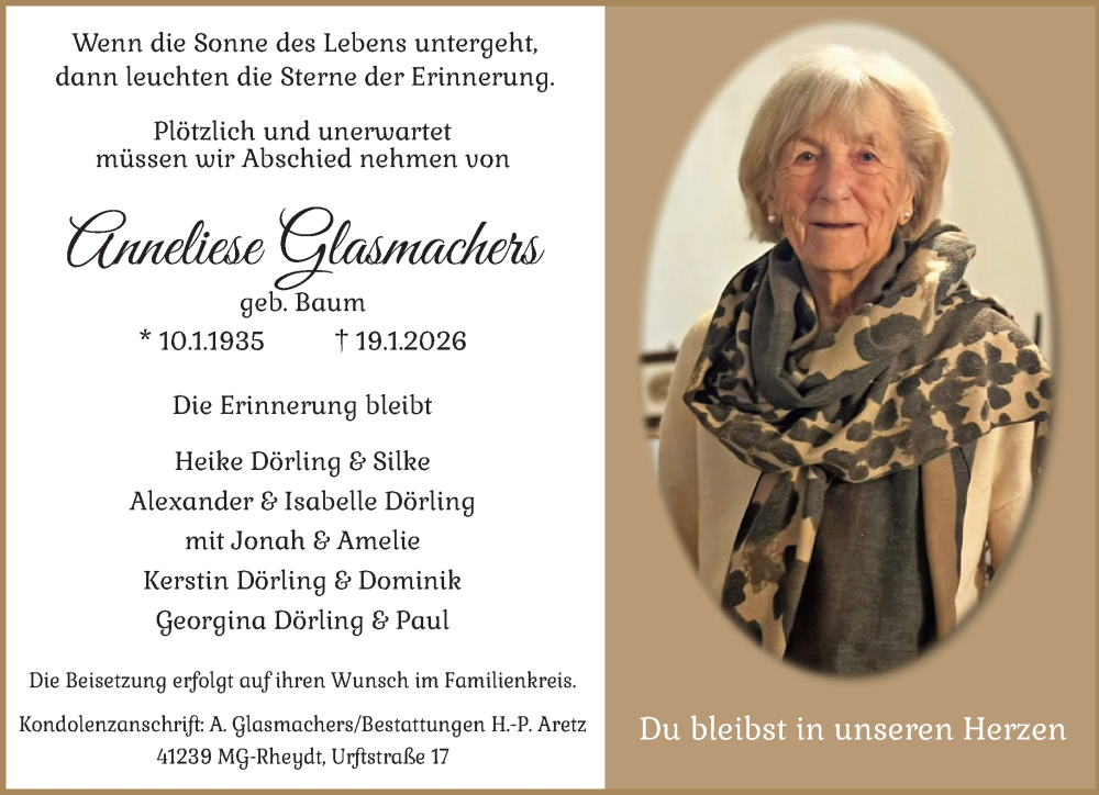  Traueranzeige für Anneliese Glasmachers vom 25.01.2026 aus trauer.panorama-anzeigenblatt.de