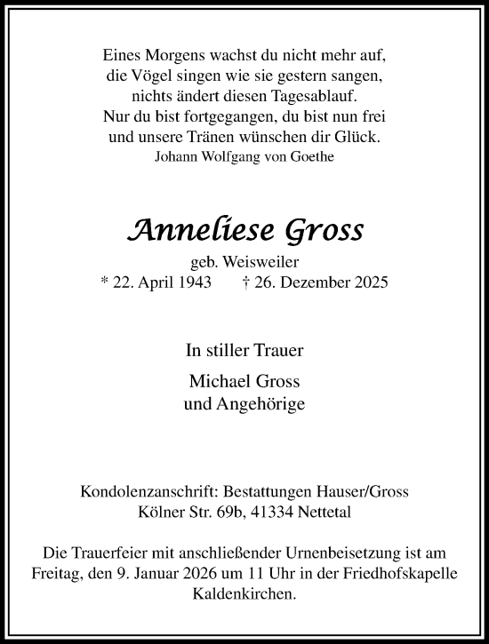 Traueranzeige von Anneliese Gross von trauer.panorama-anzeigenblatt.de
