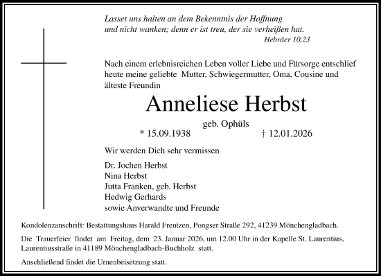 Traueranzeige von Anneliese Herbst von trauer.panorama-anzeigenblatt.de