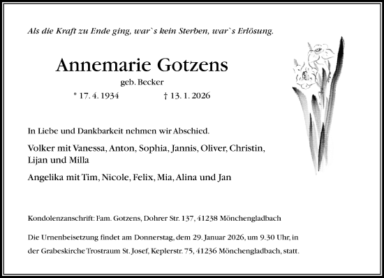 Traueranzeige von Annemarie Gotzens von trauer.panorama-anzeigenblatt.de