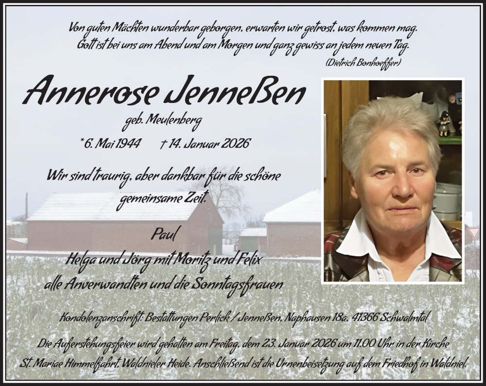  Traueranzeige für Annerose Jenneßen vom 18.01.2026 aus trauer.panorama-anzeigenblatt.de