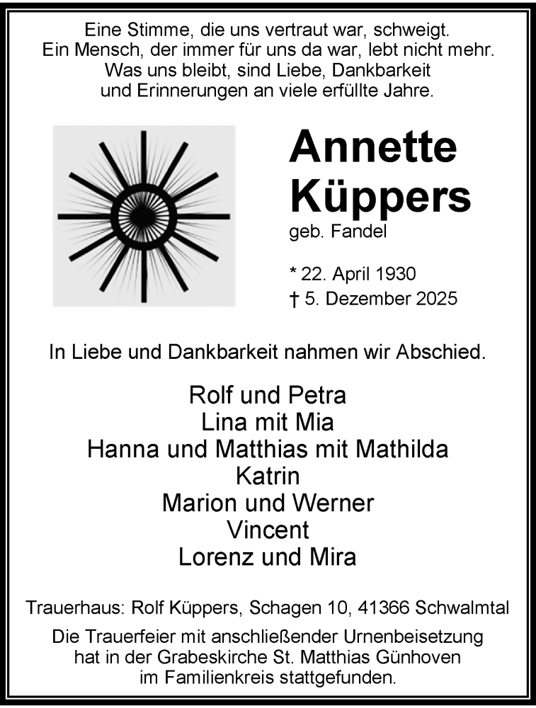  Traueranzeige für Annette Küppers vom 11.01.2026 aus trauer.panorama-anzeigenblatt.de