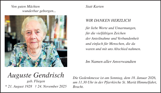 Traueranzeige von Auguste Gendrisch von trauer.panorama-anzeigenblatt.de