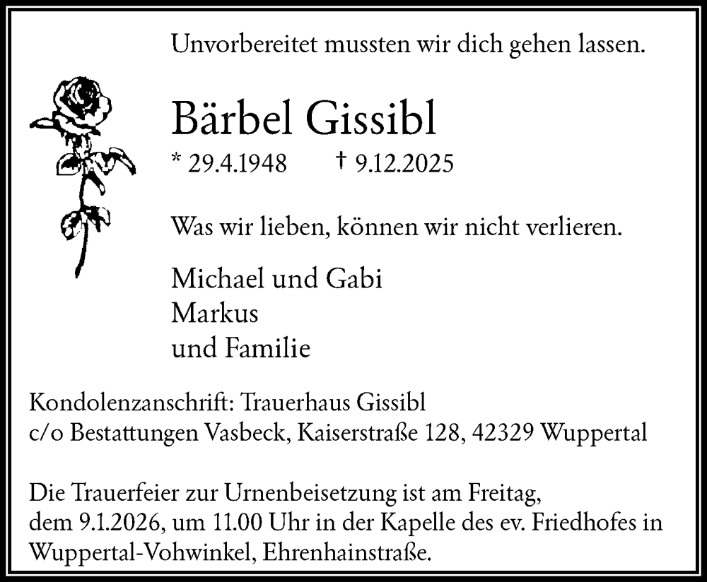  Traueranzeige für Bärbel Gissibl vom 03.01.2026 aus trauer.wuppertaler-rundschau.de