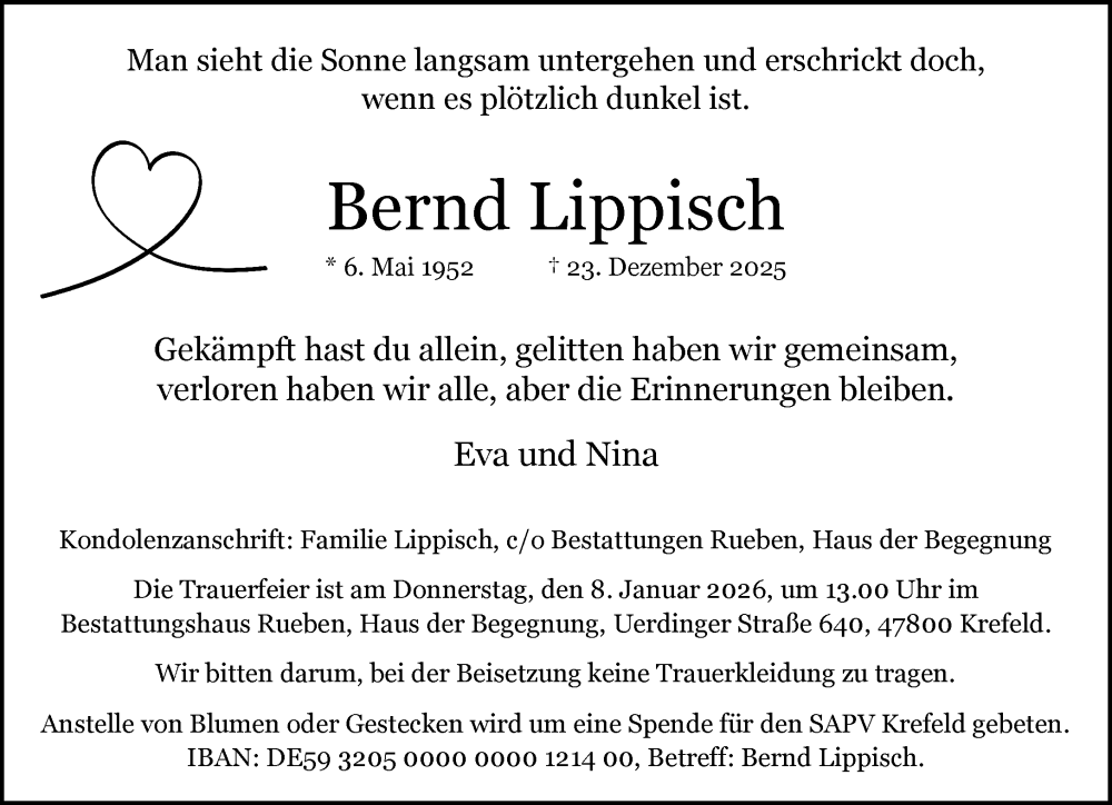  Traueranzeige für Bernd Lippisch vom 04.01.2026 aus trauer.panorama-anzeigenblatt.de