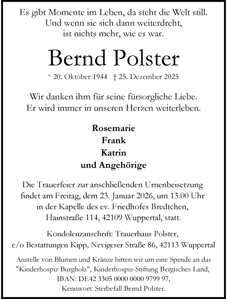  Traueranzeige für Bernd Polster vom 17.01.2026 aus trauer.wuppertaler-rundschau.de