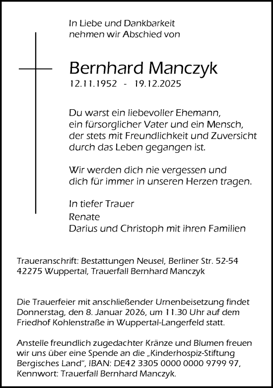Traueranzeige von Bernhard Manczyk von trauer.wuppertaler-rundschau.de