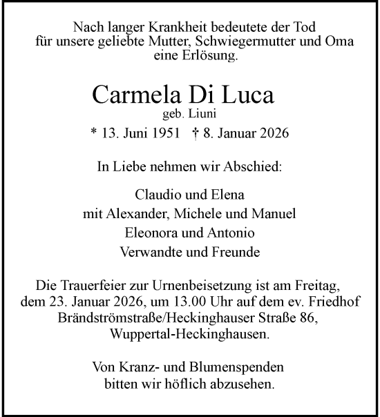 Traueranzeige von Carmela Di Luca von trauer.wuppertaler-rundschau.de